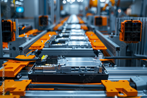 Efficient Mass Production Close-Up View of Electric Vehicle Battery Cells Assembly Line