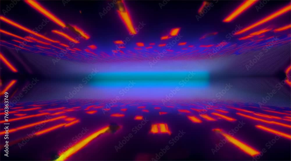 Looped minimalist background with trendy neon glow lines form pattern and construction in mirror tunnel. The concept of space flight, supersonic speed.