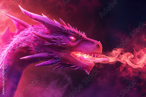 Pink dragon breathing fire on dark background photo