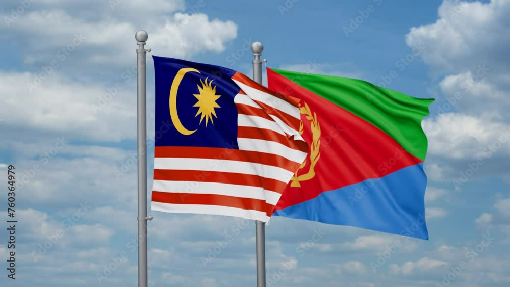 Eritrea and Malaysia two flags waving together, looped video, two country cooperation concept Eritrea and Malaysia two flags waving together, looped video, two country cooperation concept