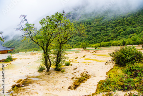 The beautiful scenery of Huanglong Yaochi in rainy season in Sichuan  China