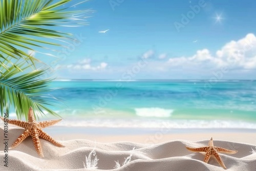 Summer sandy beach with blur ocean on background. generative ai.
