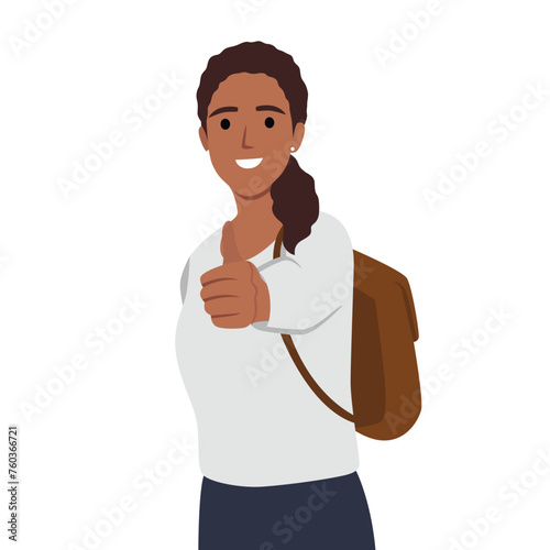 Young college student backpacking woman with thumbs up happy. Flat vector illustration isolated on white background