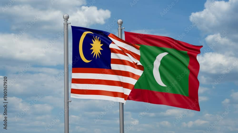 Maldives and Malaysia two flags waving together, looped video, two country relations concept Maldives and Malaysia two flags waving together, looped video, two country relations concept