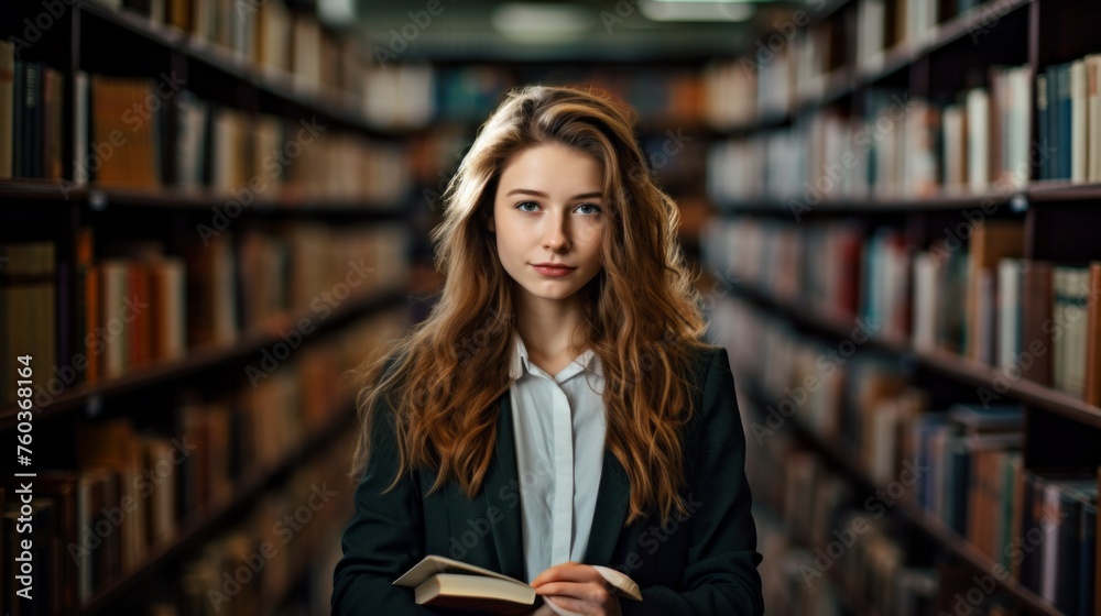 A young student, a schoolgirl with books in her hands in the university, college Library. Education, Literature, Hobbies and Leisure concepts. A young student, a schoolgirl with books in her hands in the university, college Library. Education, Literature, Hobbies and Leisure concepts.