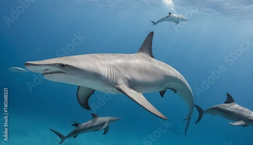 A Hammerhead Shark Swimming Alongside A Pod Of Dol © Ariba