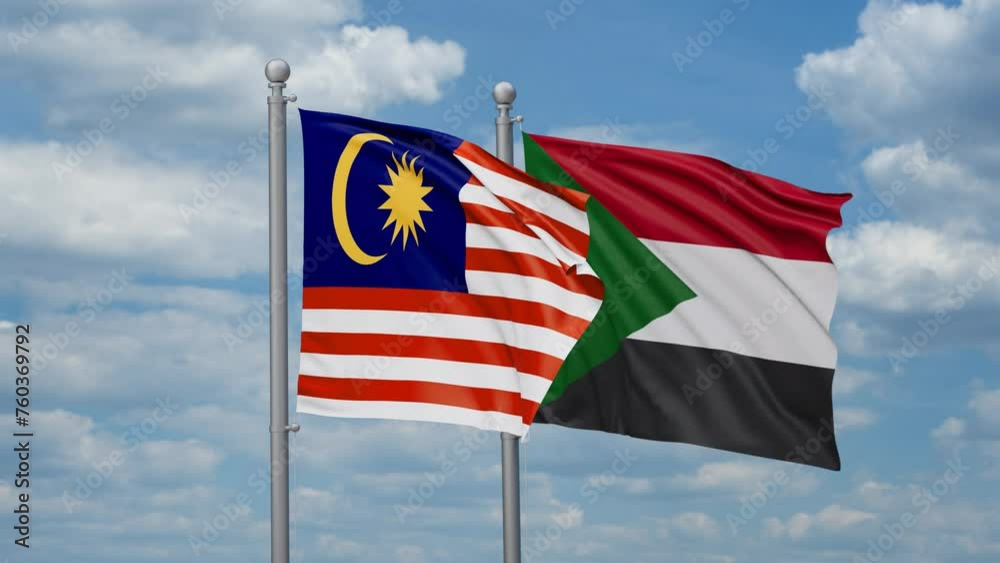 Sudan and Malaysia two flags waving together, looped video, two country cooperation concept Sudan and Malaysia two flags waving together, looped video, two country cooperation concept