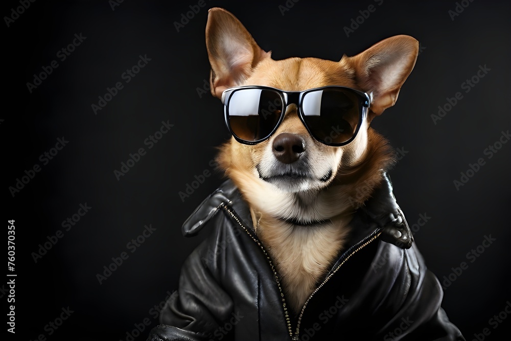 Portrait of a fashionable dog wearing a jacket and sunglasses on a black background with copy space. Generative AI