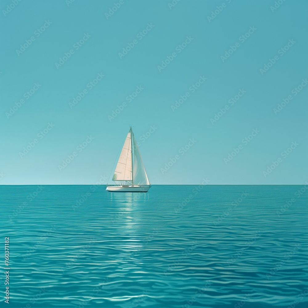 A lone sailboat with white sails set against the vastness of an azure sea and clear sky, epitomizing peaceful solitude..