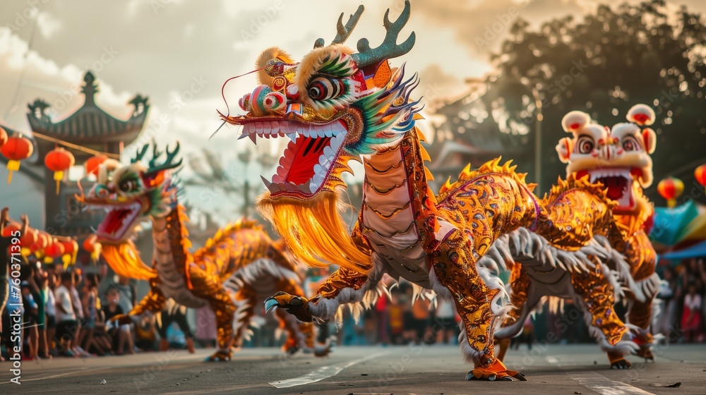 The energetic cultural display of a dragon dance performance captivates audiences, blending tradition, artistry, and vibrant energy into an unforgettable spectacle.
