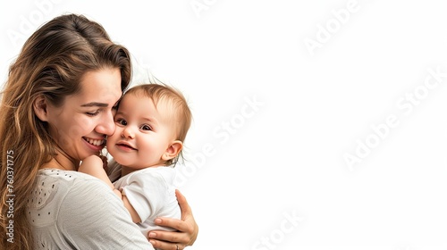 A beautiful young mother with a young son cuddling up to each other on a white background. The concept of maternal happiness. Copy space.