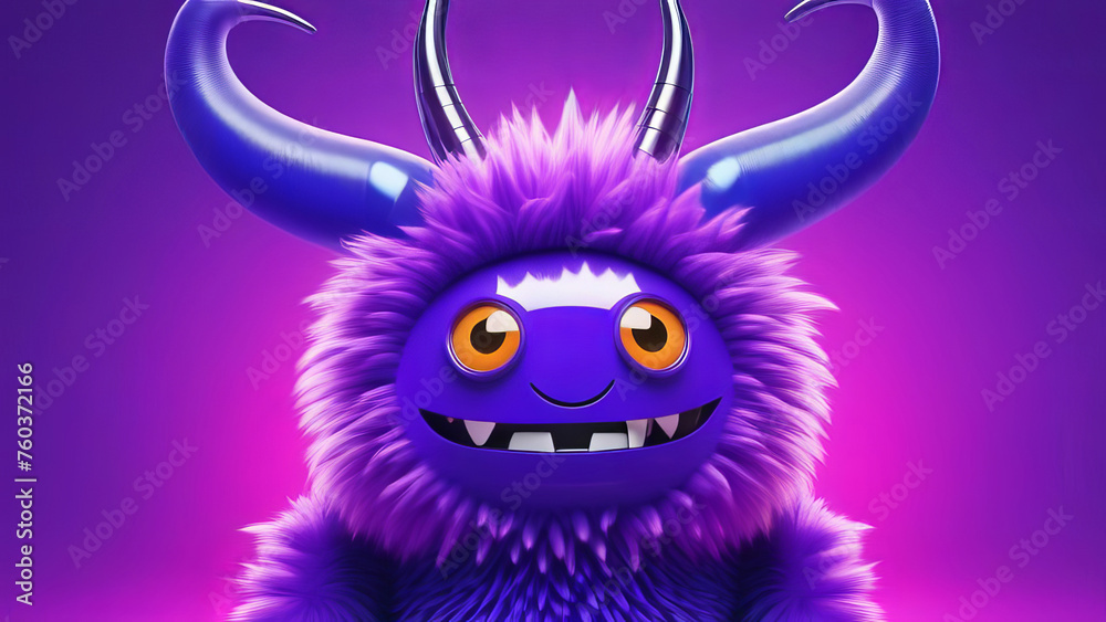 Cheerful fluffy monster with horns on a festive background