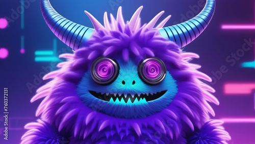 Cheerful fluffy monster with horns on a festive background