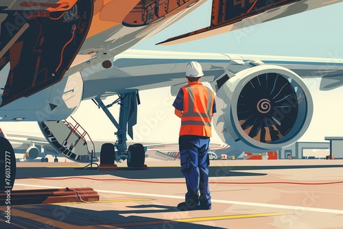 Engineer correcting human error on airplane, under wing, sharp focus, illustration