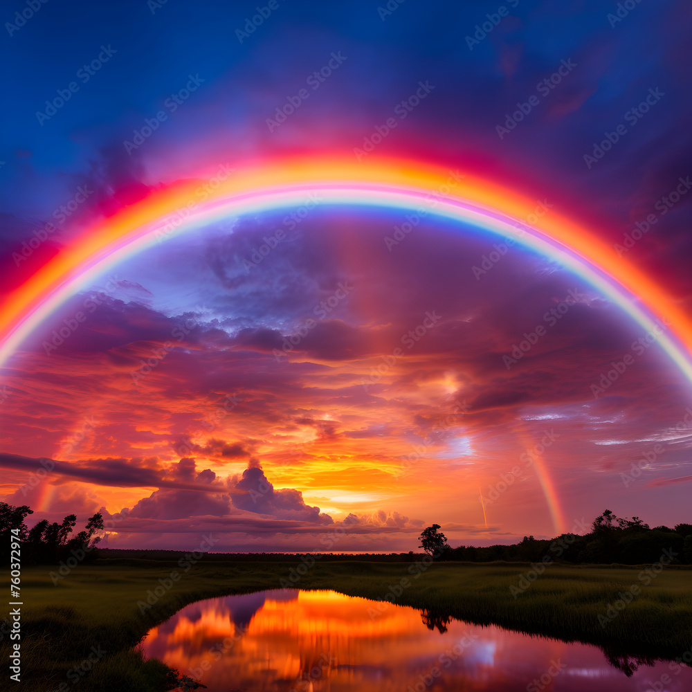 Ethereal Twilight Sky with Spectacular Double Rainbow Arcing over a Serene Landscape