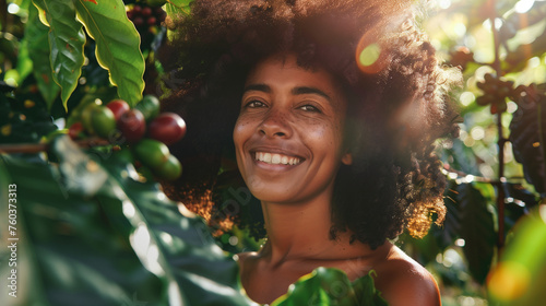 A woman with stunning afro hair poses gracefully in the middle of lush coffee trees. Ai generated Images photo