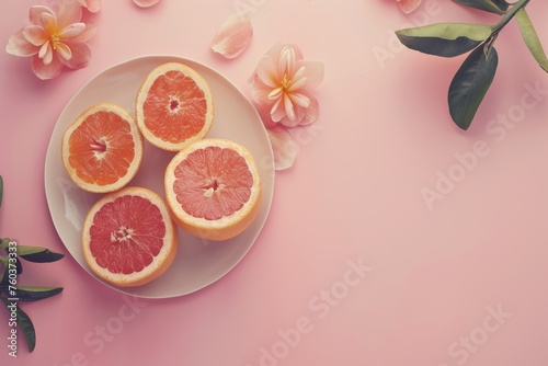 Flat lay of oranges on pastel background, refreshing, citrus, healthy.
