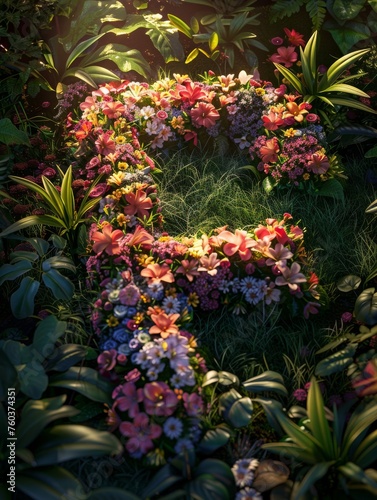 A flower arrangement in the shape of the letter F