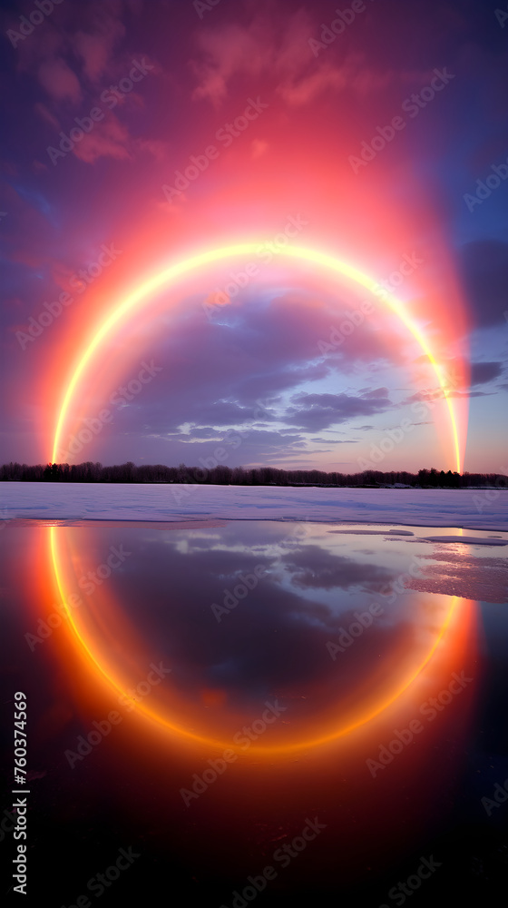 Ethereal Twilight Sky with Spectacular Double Rainbow Arcing over a Serene Landscape