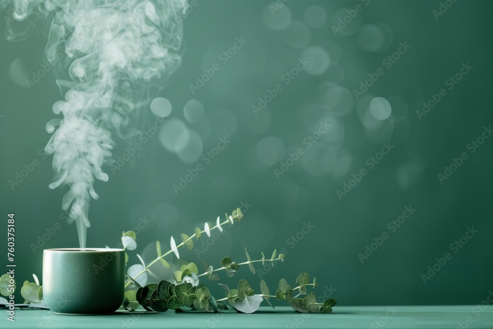An essential aroma oil diffuser on the table, nearby eucalyptus, minimalism, green background, copy space for text. Still life. Concept aromatherapy and relaxing. Air freshener - obrazy, fototapety, plakaty 