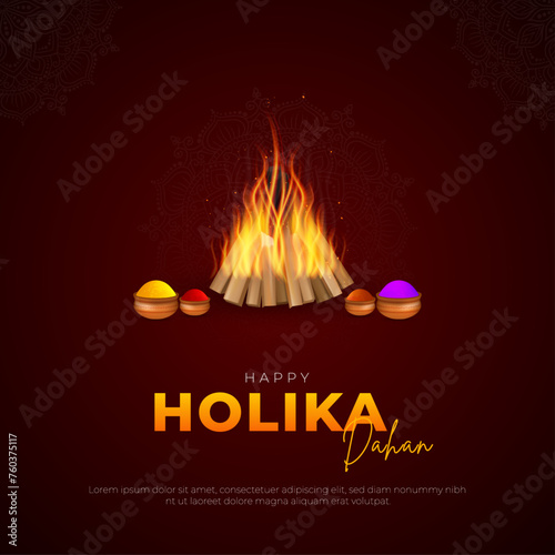 Happy Holika Dahan wish and Greeting Card. Holika Dahan Post Indian Festival Celebration Flyer Design and Background Vector Illustration photo