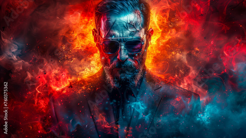 Intense man with a beard in sunglasses surrounded by fiery red and cool blue flames