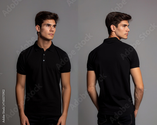 Front and back views of a man wearing a black polo shirt mockup template