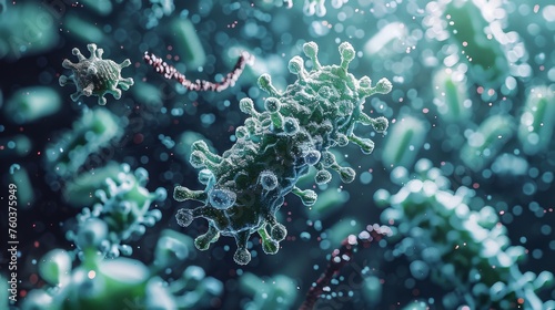 A close up of a virus in a greenish blue color photo