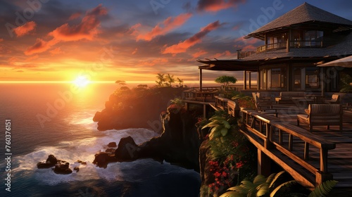 oceanfront paradise bungalow building illustration retreat serene, relaxation getaway, tranquil cozy oceanfront paradise bungalow building © sevector