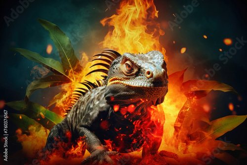 Close up of an iguana fleeing near flames in a forest fire scene