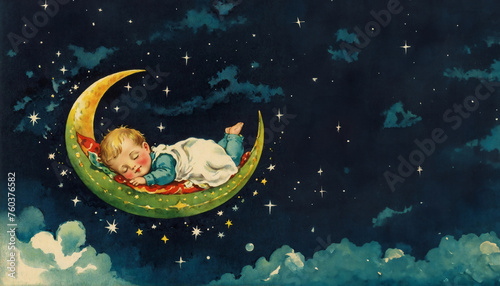 Vintage Illustration, Baby Boy Sleeping on the Crescent Moon photo