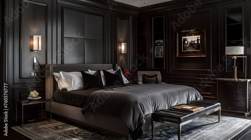Elegant Jet-Black Bedroom Design Harmonizing with Plush Gray Bed and Modern Furnishings