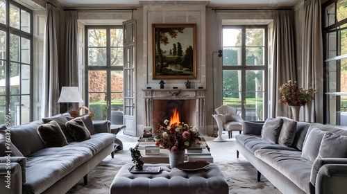 Elegant Living Room Indulgence Sumptuous Grey Velvet Sofas and Charming Fireplace Overlooking a Lush Garden