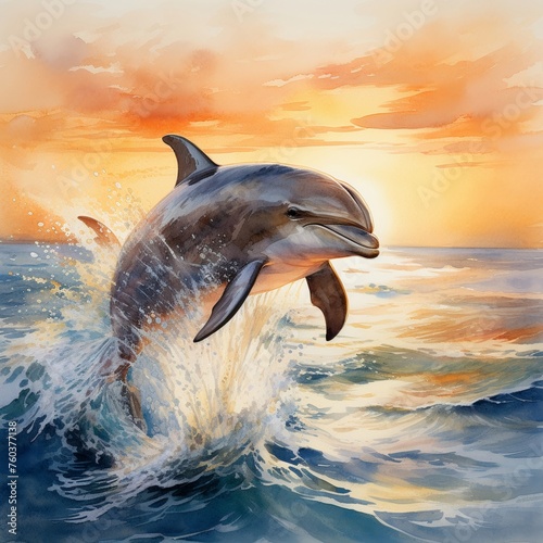Cavorting dolphins, oceanic leaps, sunset watercolor, joyous arcs, cute photo