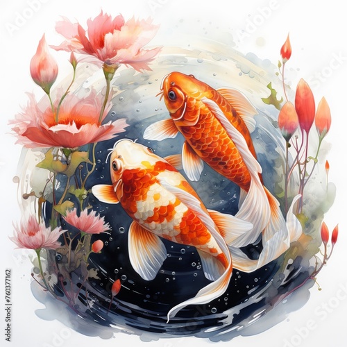 Coy koi fish, pond swirls, watercolor tranquility, underwater ballet, cute