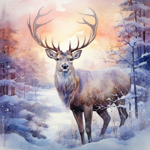 Regal reindeer, snowy expanse, twilight watercolor, arctic majesty, cute