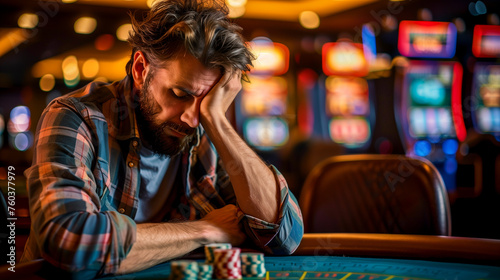 Man with a pained expression sitting at a casino table with chips suggesting loss and distress