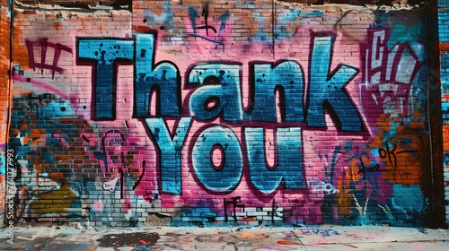  Thank You  written in bold  colorful graffiti style against a gritty urban brick wall  contrasting the message of gratitude against the raw urban landscape.