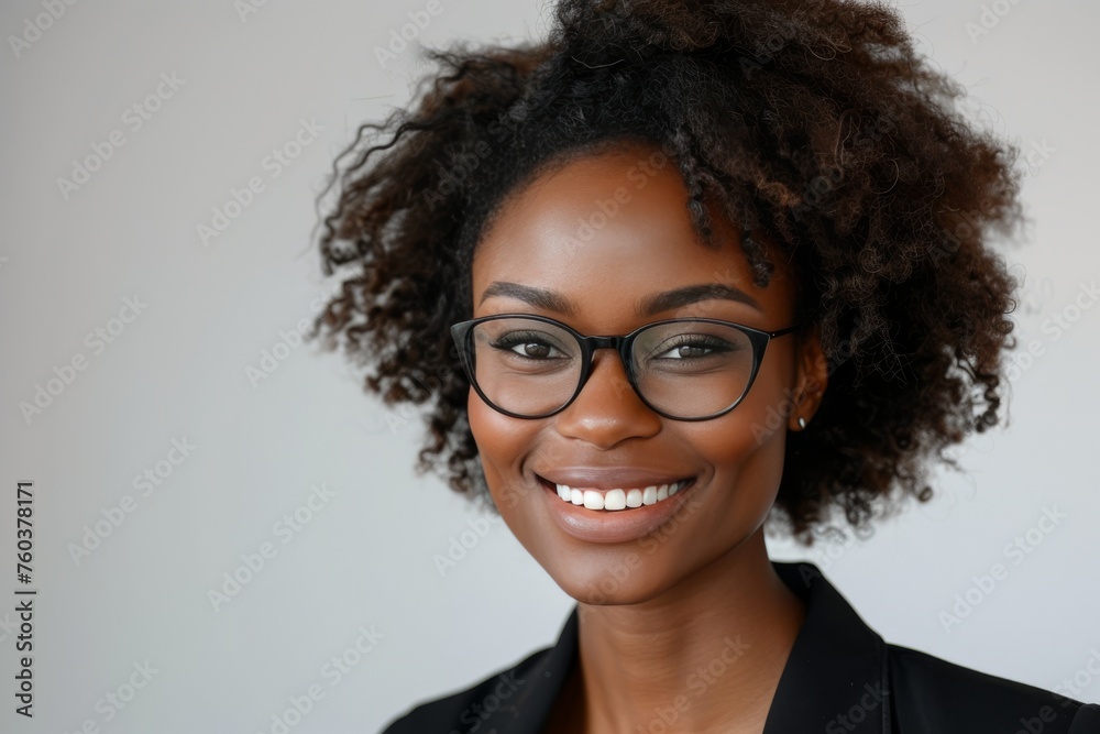 A woman with curly hair and a black jacket is smiling