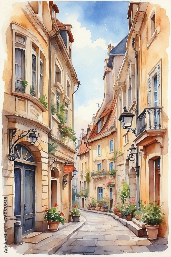 watercolor illustration of cosy charming european street