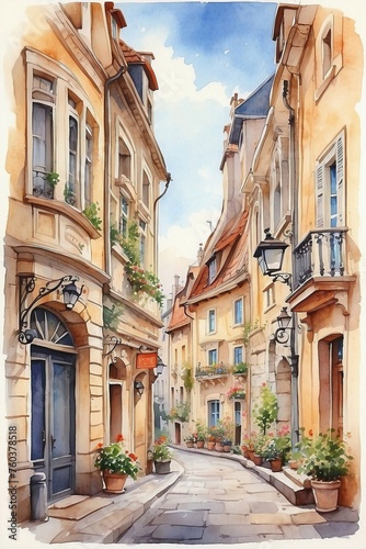 watercolor illustration of cosy charming european street © uventa