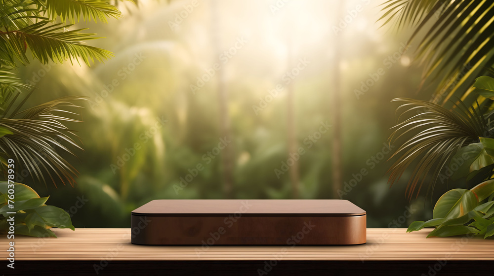 Rectangle wooden podium in forest background for cosmetic products Rectangle wooden podium in forest background for cosmetic products