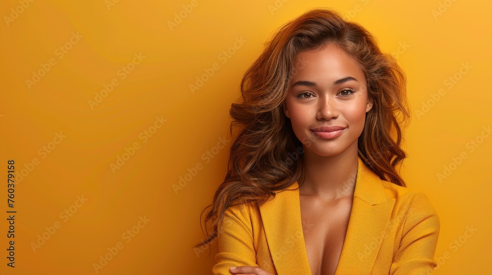 A woman in a yellow jacket is smiling at the camera A woman in a yellow jacket is smiling at the camera