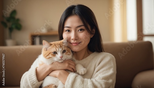 Serene scene of a woman holding a cat, evoking warm emotions of companionship; suitable for pet-related themes or International Cat Day promotions.