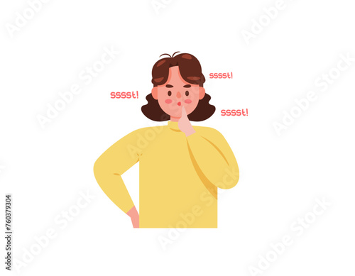 Shushing. Illustration of a beautiful woman asking to be quiet and calm. telling them to stop talking or making noise. gestures. Flat style female character design. graphic elements. Vector