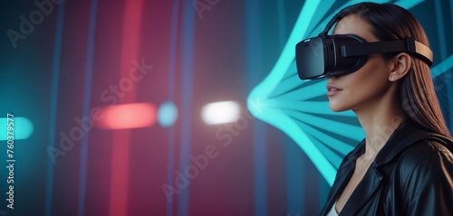 A woman in a virtual reality headset stands amid vibrant neon blue and red lights, suggesting a futuristic, immersive technological experience.
