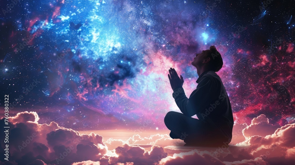 man praying infront of universe nebula or galaxy night sky view