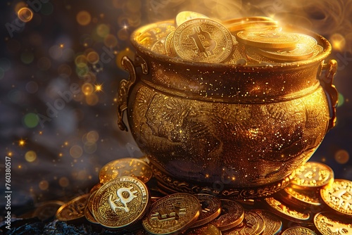 Golden crypto coins in a pot on a dark background with bokeh. St. Patrick's day.