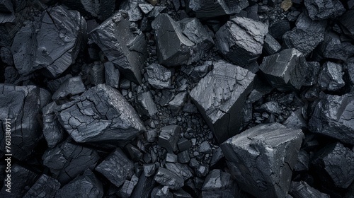 Pile of coal. Black coal texture background. Top view. photo