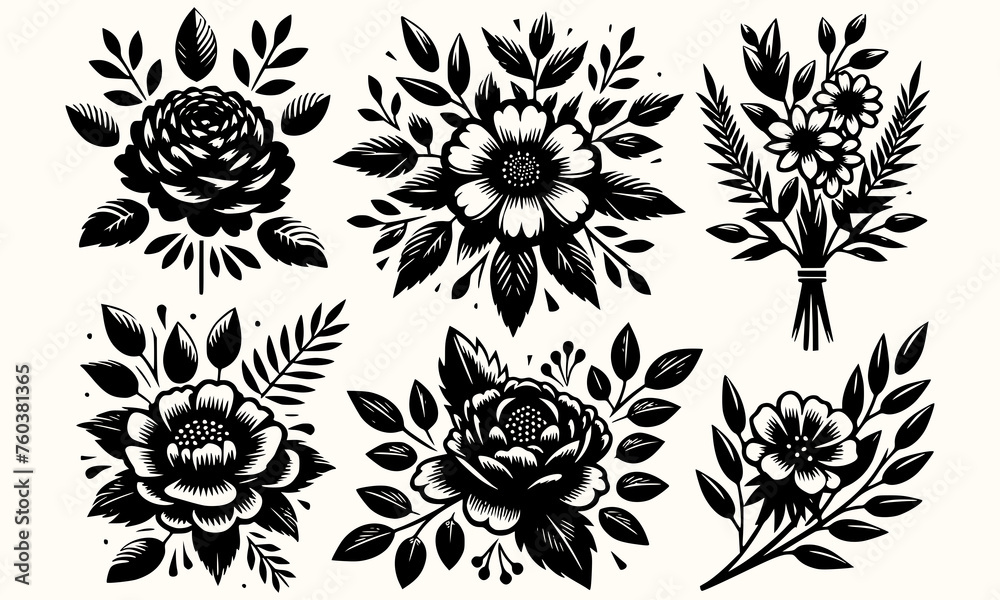 Flower collection with leaves floral bouquets vector flowers.